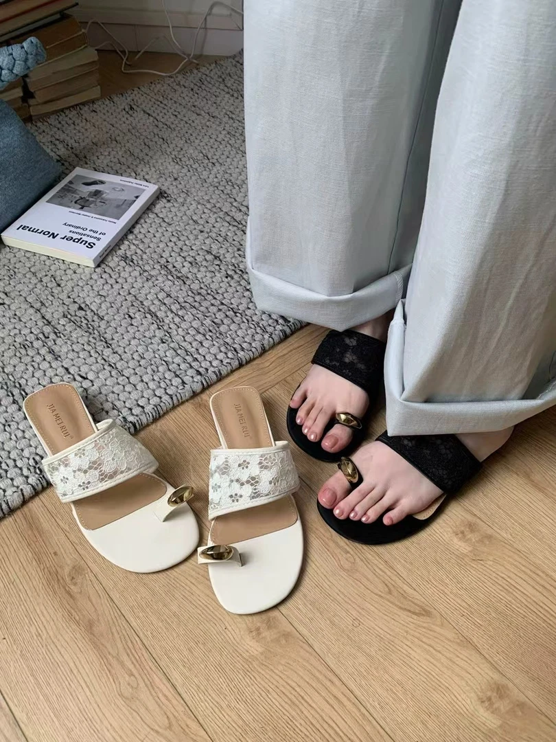 Y 956-8 法式仙女风蕾丝一字带夹趾拖鞋女夏外穿海边度假休闲平底