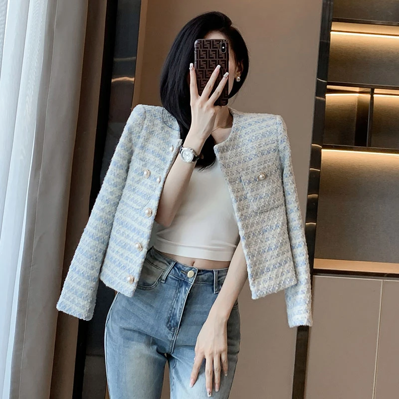 2025秋季新款小香风长袖短款外套气质时尚减龄洋气休闲粗花妮外套