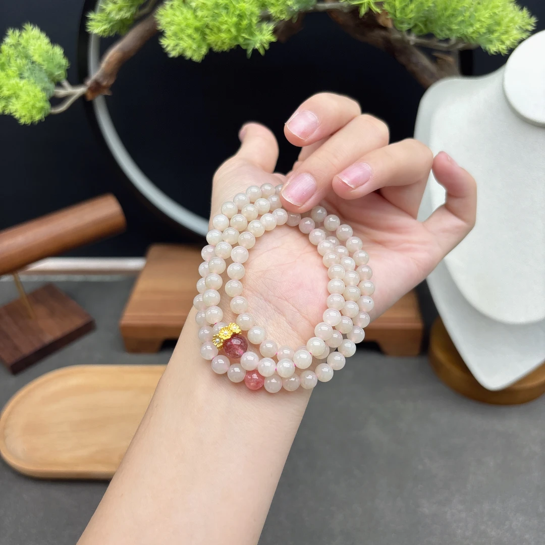 多圈和田玉藕粉6MM搭配圆珠跑环路路通配饰手串简约时尚款Y24499