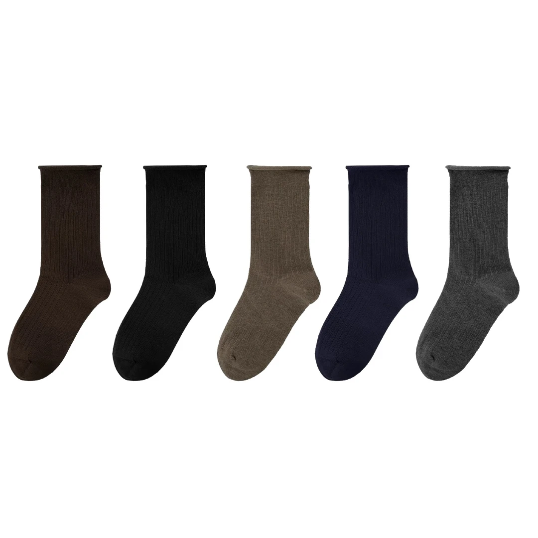 HennyRue亨尼露秋季卷边坑条基础中筒袜纯色ins25720