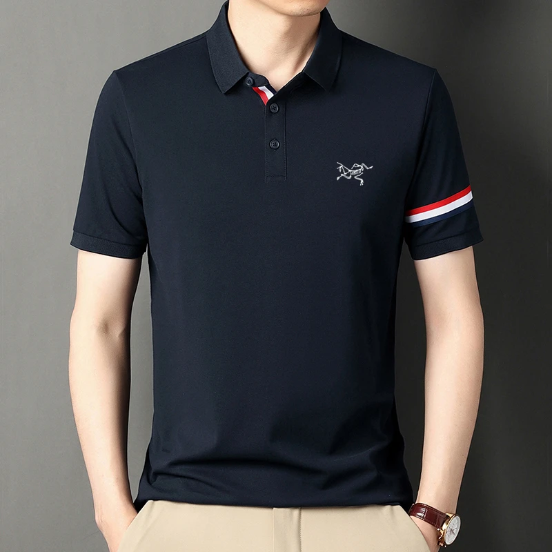 正品专柜始祖刺绣鸟短袖T恤男装桑蚕丝夏季时尚免烫polo衫休闲透