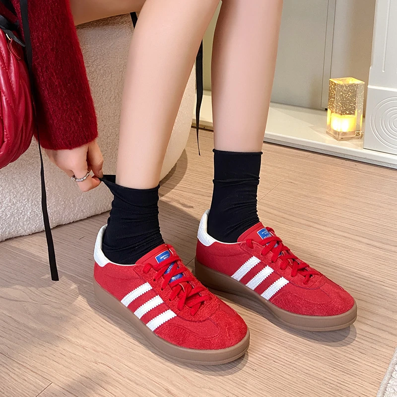 时尚红色厚底德训鞋女鞋真皮系带休闲鞋圆头防滑透气运动阿甘鞋子