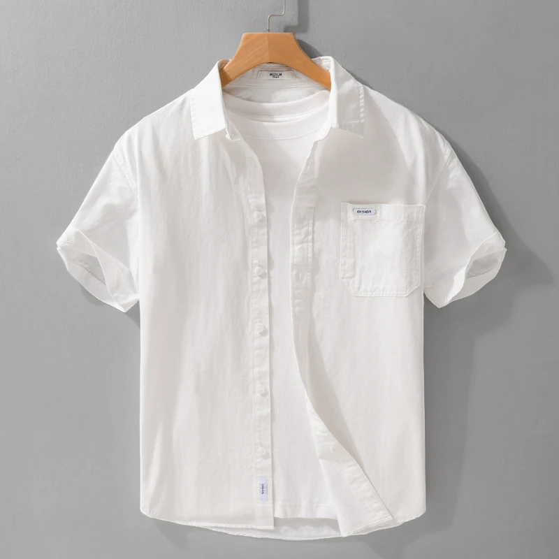 百搭纯棉短袖衬衫男士夏季新款日系复古全棉宽松休闲衬衣粉色潮流