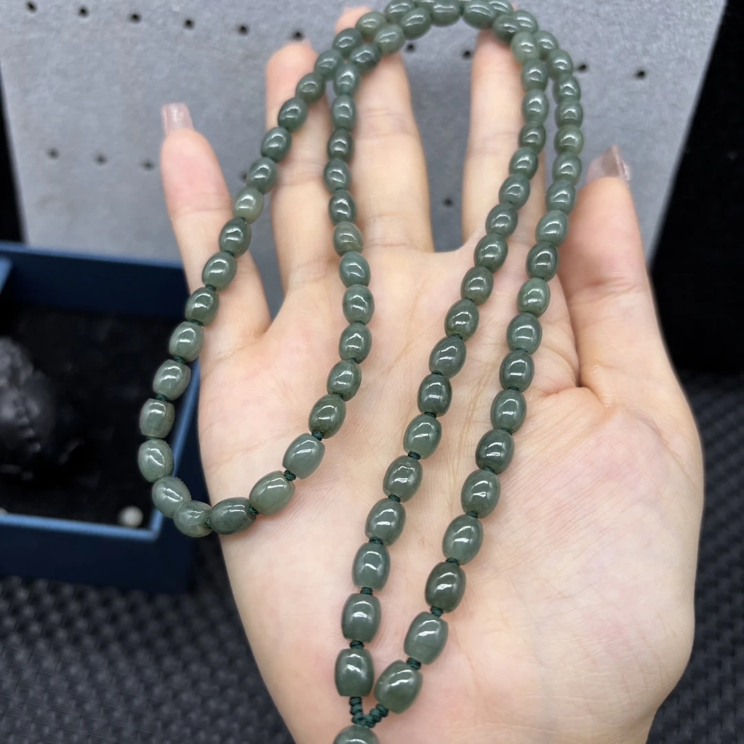 福利天然缅甸A货翡翠油青米珠桶珠5.8mm玉石吊坠绳毛衣链项链百搭