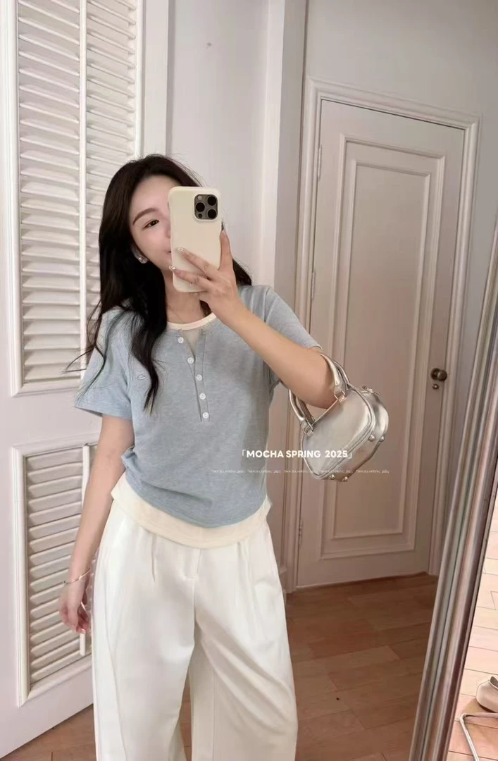 网红打底衫短袖显瘦韩版夏季静奢风休闲风蕾丝短款polo圆领
