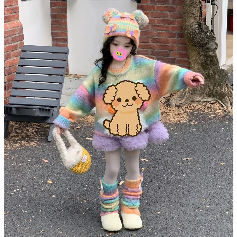 韩版童装女童拜年服套装儿童秋冬洋气紫色卡通毛衣甜美网纱半身裙