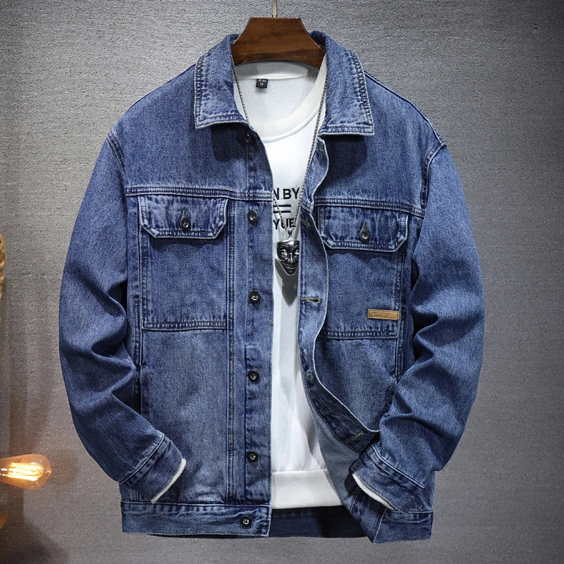 牛仔外套男秋季男士翻领宽松夹克大码工装牛仔衣大口袋上衣潮流
