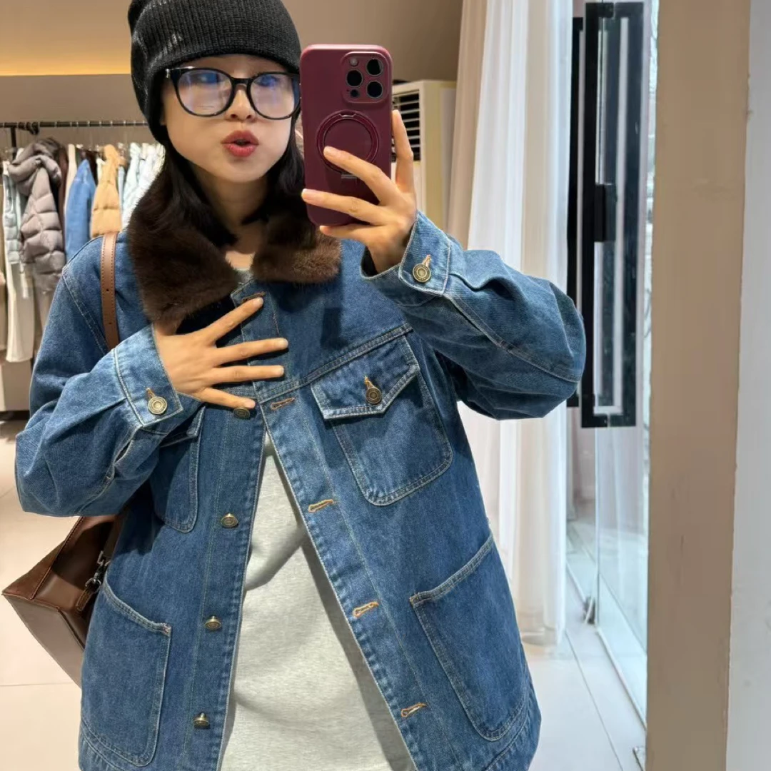 【W➕欧韩】长款翻领水雕毛牛仔鹅的上衣牛仔外套
