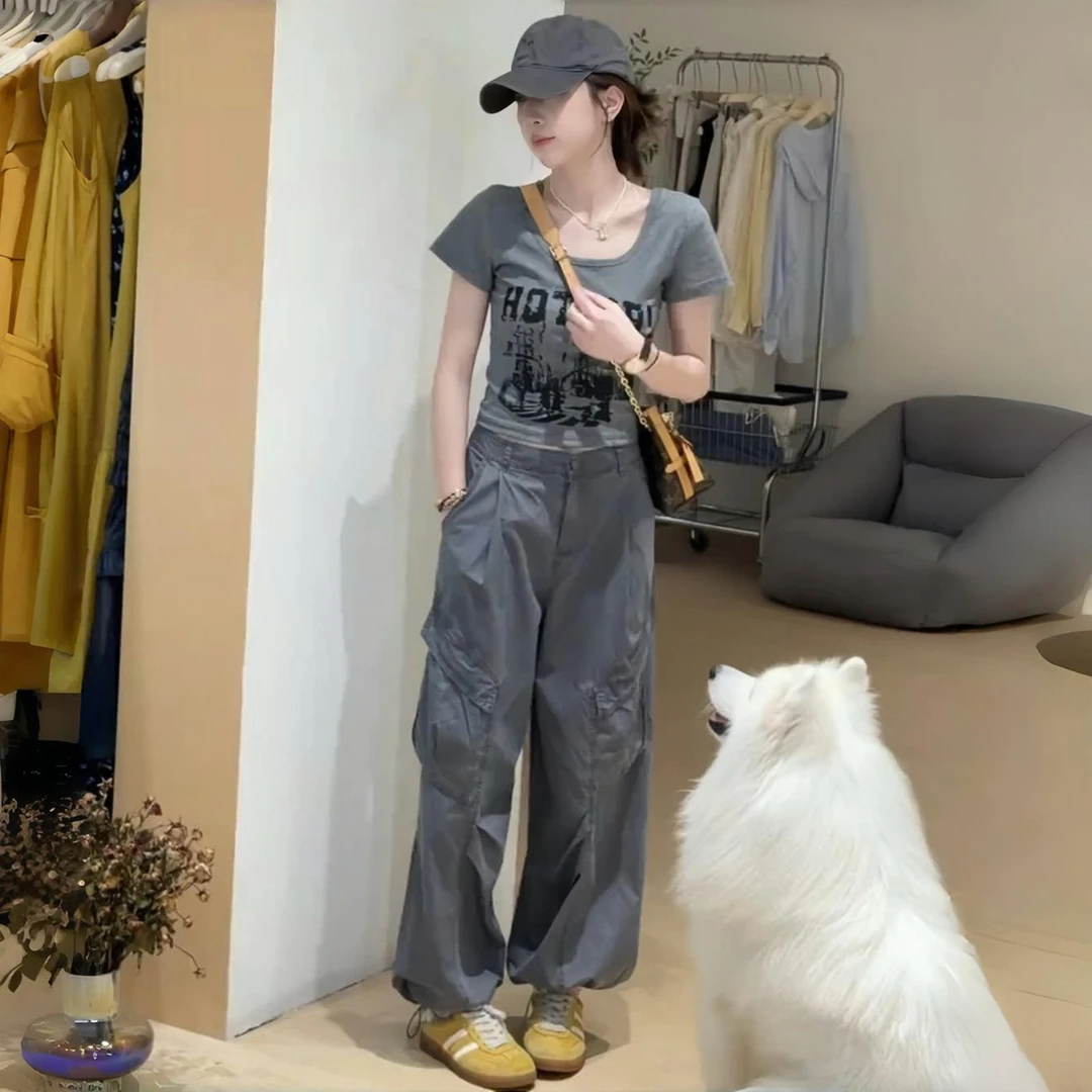 巨好看的两件套夏装韩系辣妹时尚减龄印花短袖T恤工装阔腿裤套装