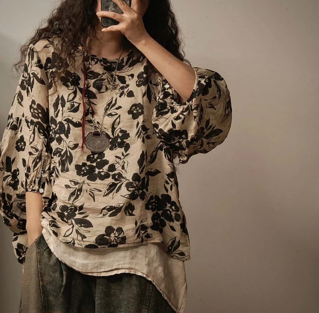 虞姑娘推荐  100支苎麻数码印花灯笼袖上衣【衣长63胸围130】