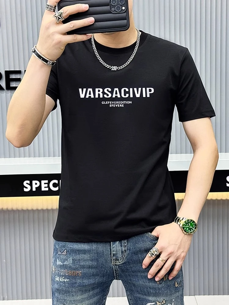 昆加希毕短袖T恤男夏季新款立体字母印花青年简约百搭圆领半袖