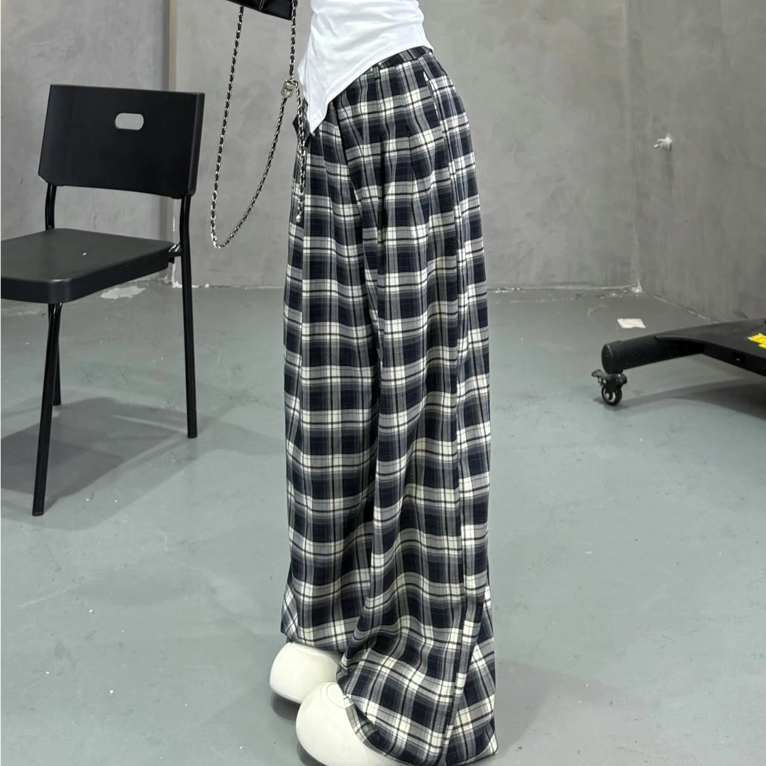 【大度原创】2533-1夏季宽松直筒阔腿复古小众格子休闲裤