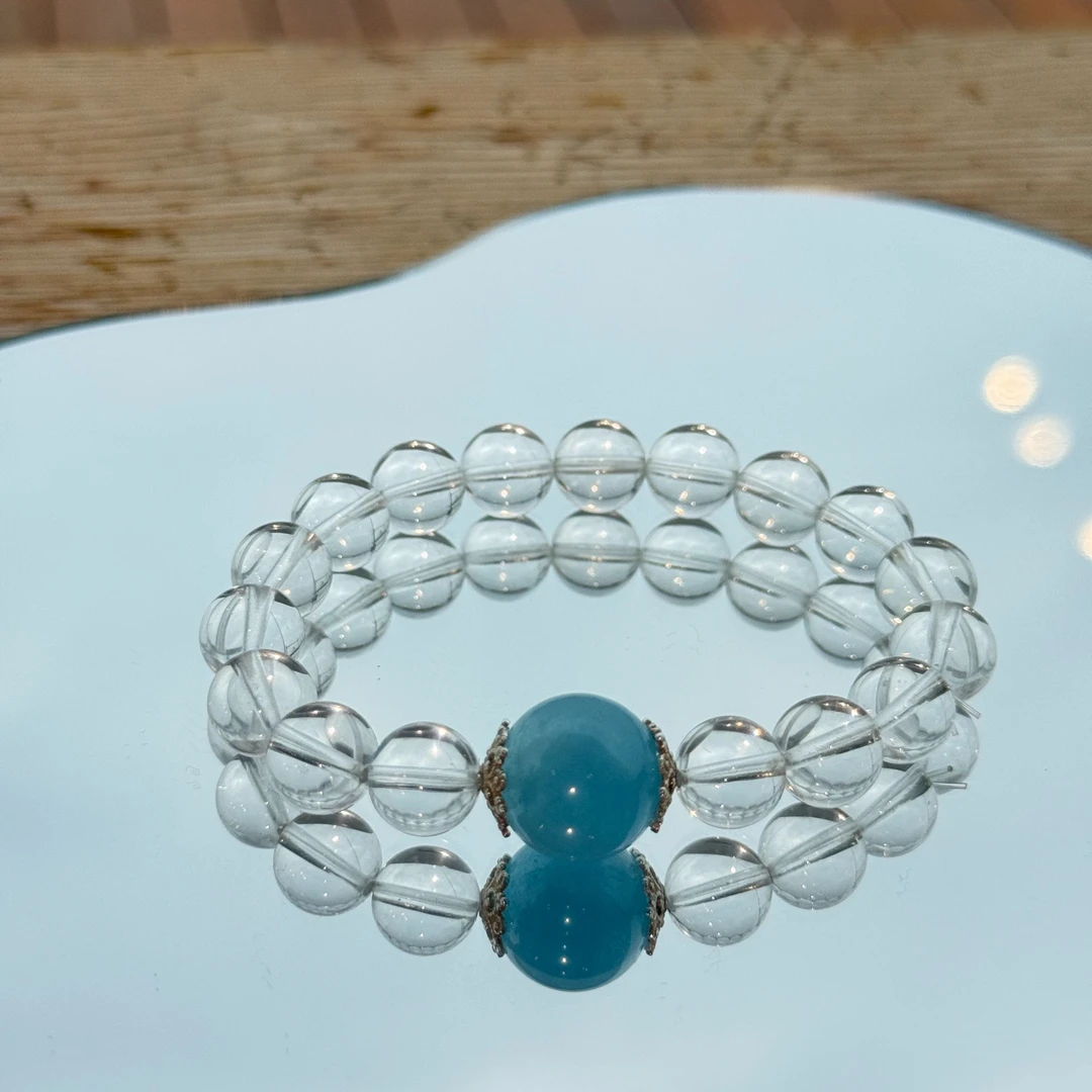 【静海】天然白水晶搭配海蓝宝925银饰手串