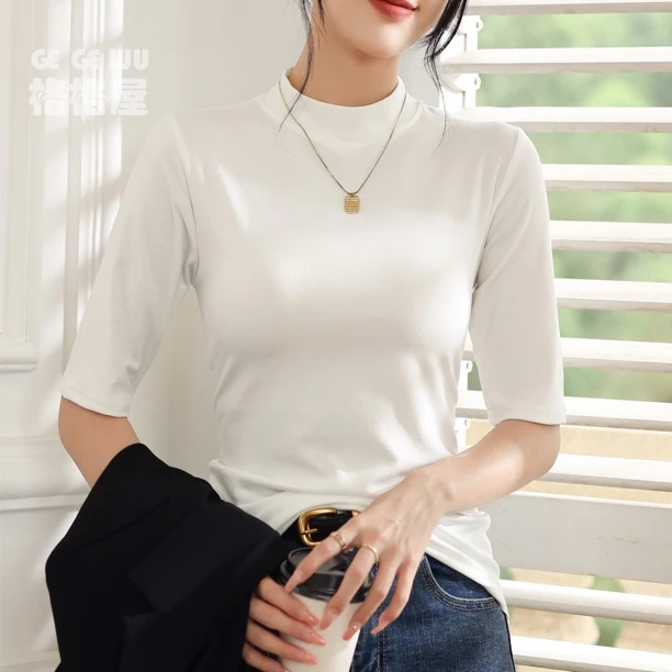 （运补6-10） 半高领t恤女春秋装百搭上衣高级感修身内搭中袖五分袖