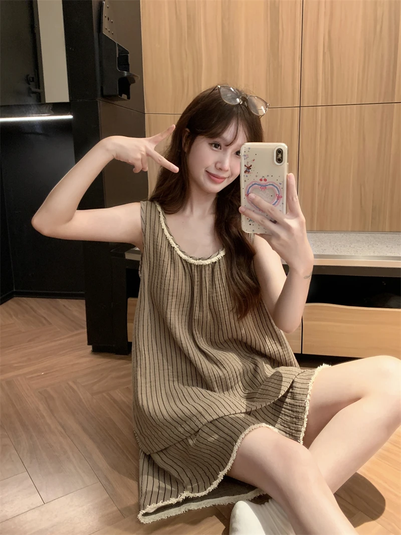 韩系条纹拼接花边吊带短裤睡衣女2025夏季新款纯棉纱布套装家居服