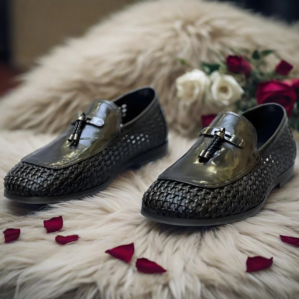 夏季新款头层牛皮一脚蹬商务休闲时尚百搭真皮编织男休闲鞋豆豆鞋