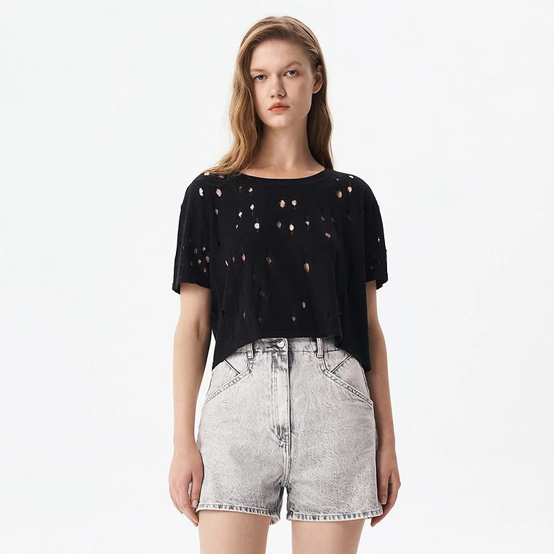 【晨粉专享价】IRO NIGHT纯色圆领洞洞短款针织短袖T恤女