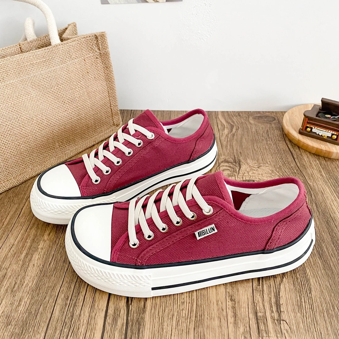 酒红芒果头丑萌经典帆布鞋女2025夏新软底学生系带鞋子百搭休闲鞋
