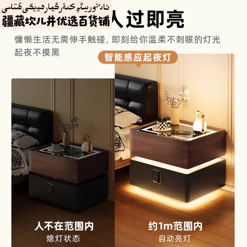 新疆西藏包邮智能床头柜家用带灯卧室中古风实木胡桃色床边柜意式