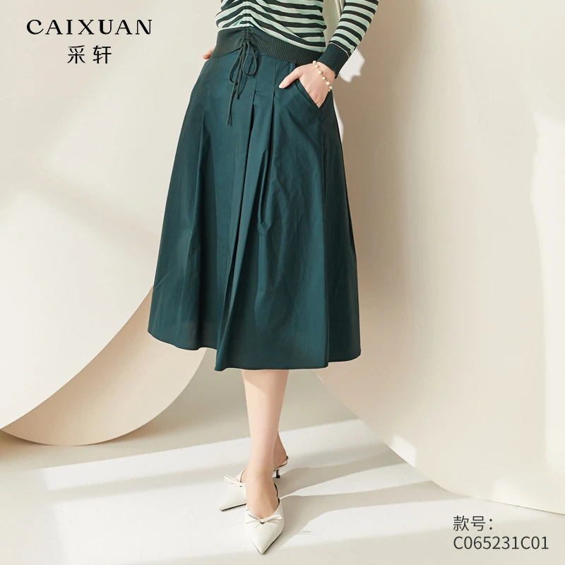 绿色高腰半身裙显瘦伞裙法式百褶裙小个子a字裙女夏季