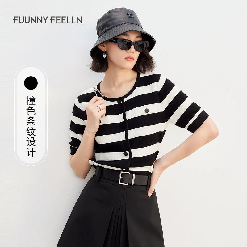 【九月专属】FF|仿佛夏季撞色短袖针织衫女开衫薄款设计感FZ01319黑