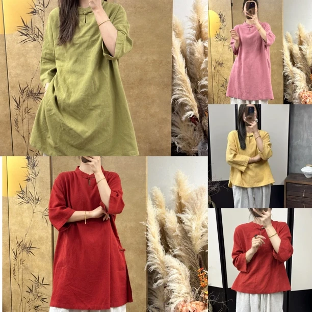 亚麻一粒扣中长款袍子中式禅意复古宽松舒适春夏季女7059