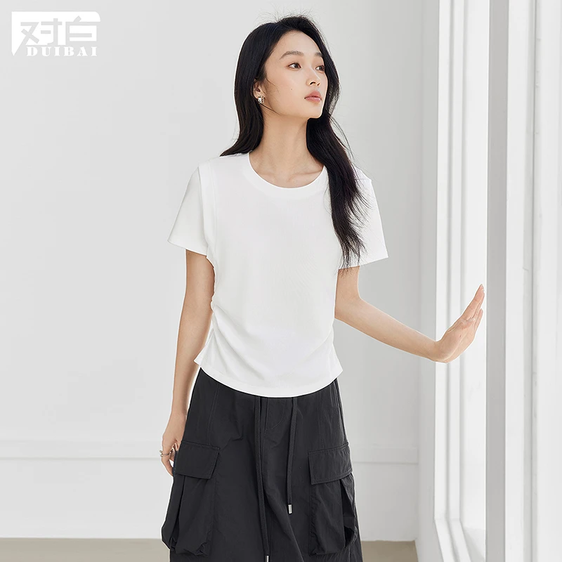 【可可专属】D01对白褶皱正肩短袖T恤纯色百搭圆领打底上衣FDT026