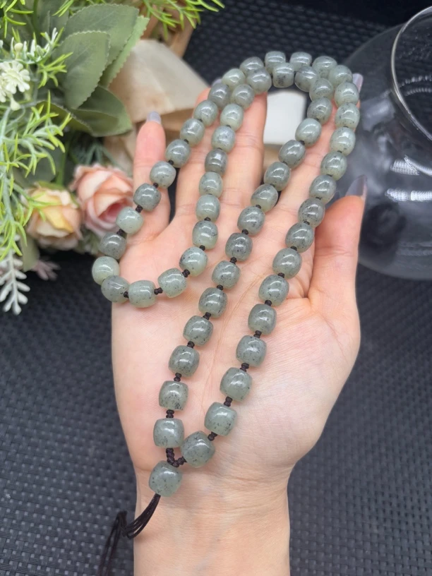 福利款天然新疆和田玉点墨青花桶珠9mm玉石吊坠绳项链毛衣链长链