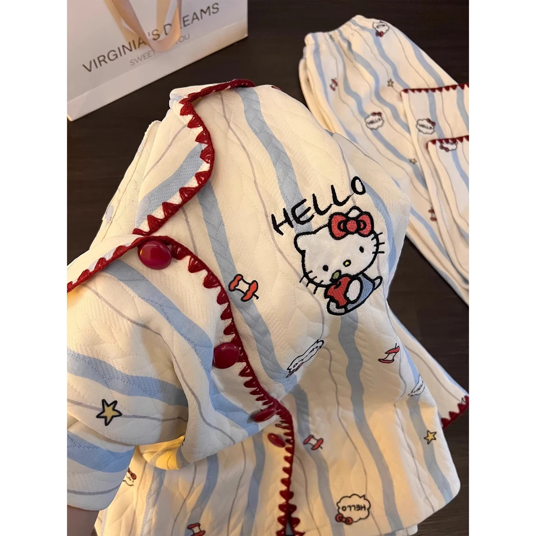 甜美凯蒂猫印花条纹空气棉睡衣女秋冬季新款家居服加厚保暖两件套