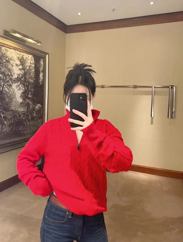 小马标polo领麻花针织衫毛衣半拉链