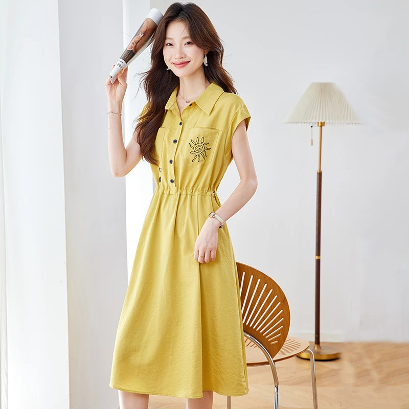 连衣裙女夏季新款今年流行爆款收腰显瘦高级感中长款衬衫裙子5849