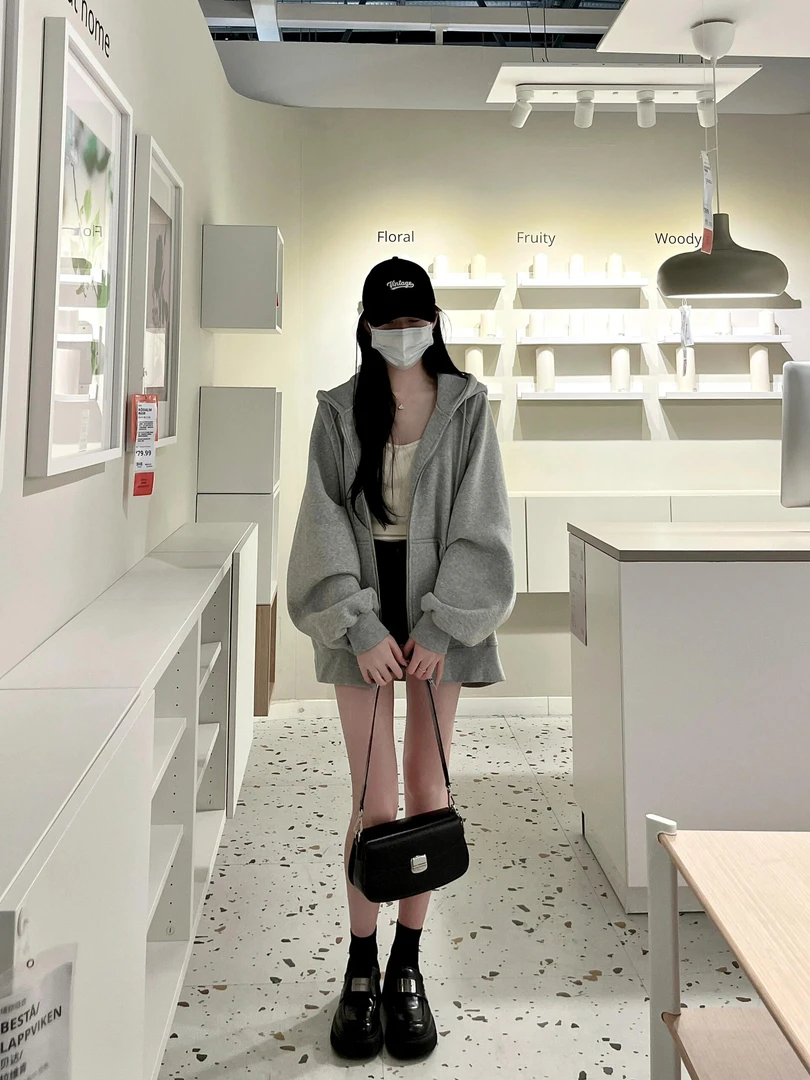 WRXS   美式慵懒复古灰色拉链外套长袖卫衣秋冬休闲百搭连帽开衫