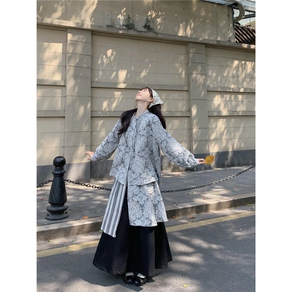 实拍~日系复古小众提花宽松减龄花边领衬衫双层拼接半身裙两件套