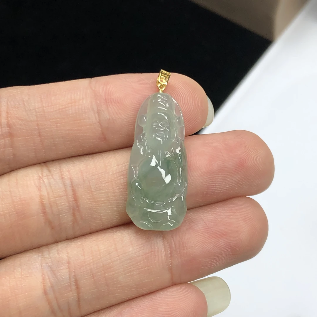 天然缅甸A货翡翠 冰飘花财神爷吊坠 18K金镶嵌招米挂坠 气质精美
