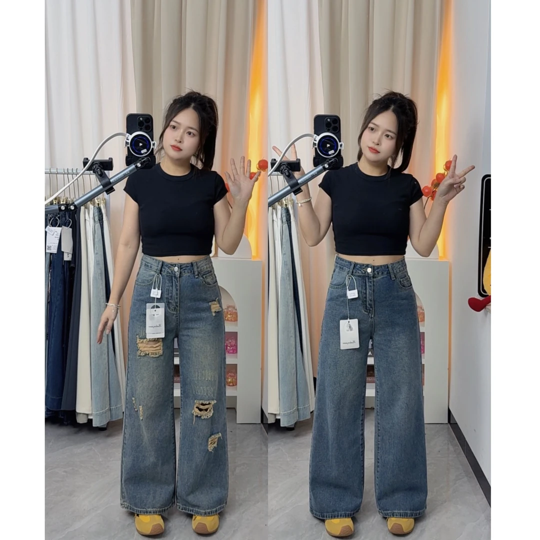小个子秋季高腰女阔腿牛仔裤复古直筒宽松牛仔裤子