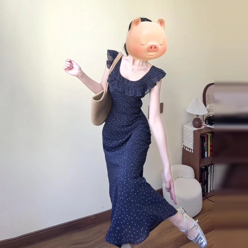 设计感荷叶边短袖连衣裙女夏季法式复古高腰显瘦波点长裙2025新款