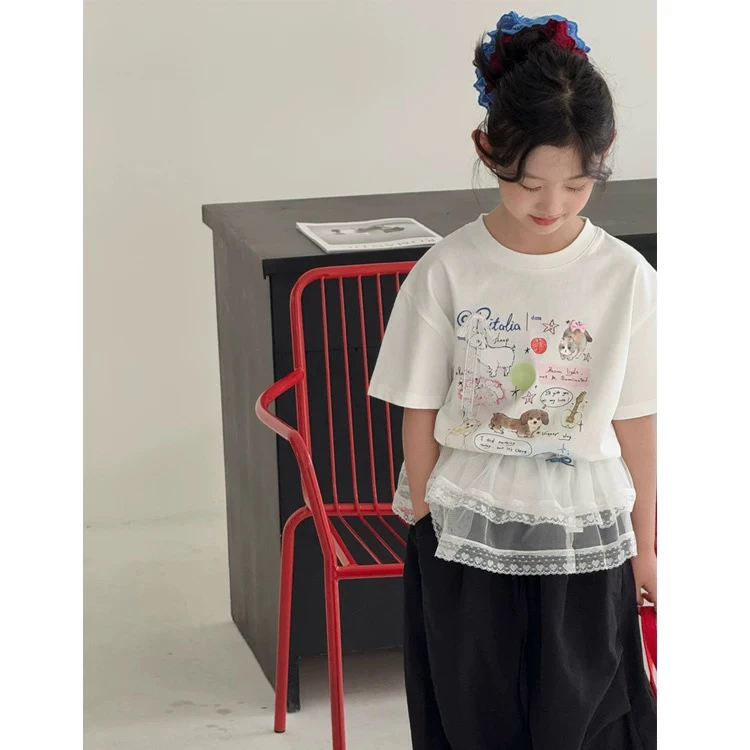 沫弛尔-833动物园蕾丝袖2025夏季新品女大童短袖T