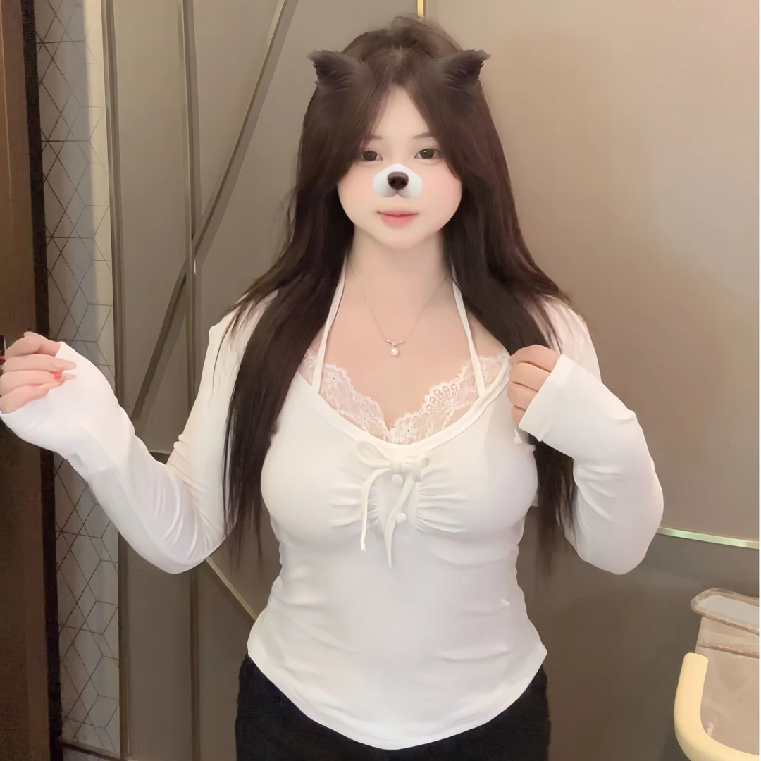 【大码磨毛加厚】性感长袖蕾丝t恤冬春内搭上衣纯欲风蝴蝶结可拆卸