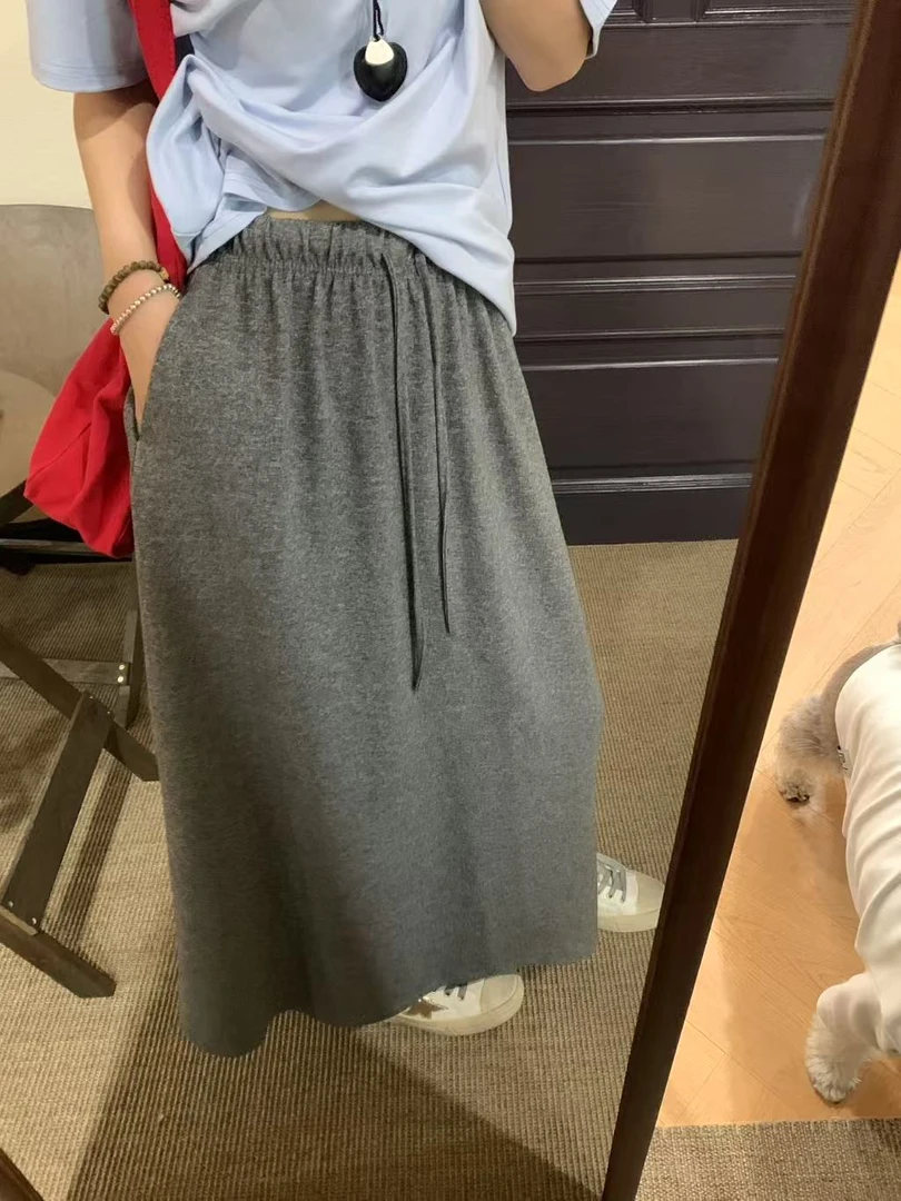 【YOU】糯糯懒人裙 超舒服松紧腰抽绳百搭灰色软弹半身裙   6059