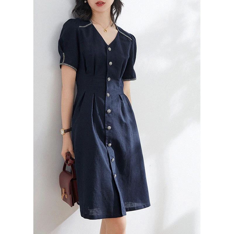 高腰显瘦V领短袖纯色单排扣休闲通勤风亚麻材质A字裙