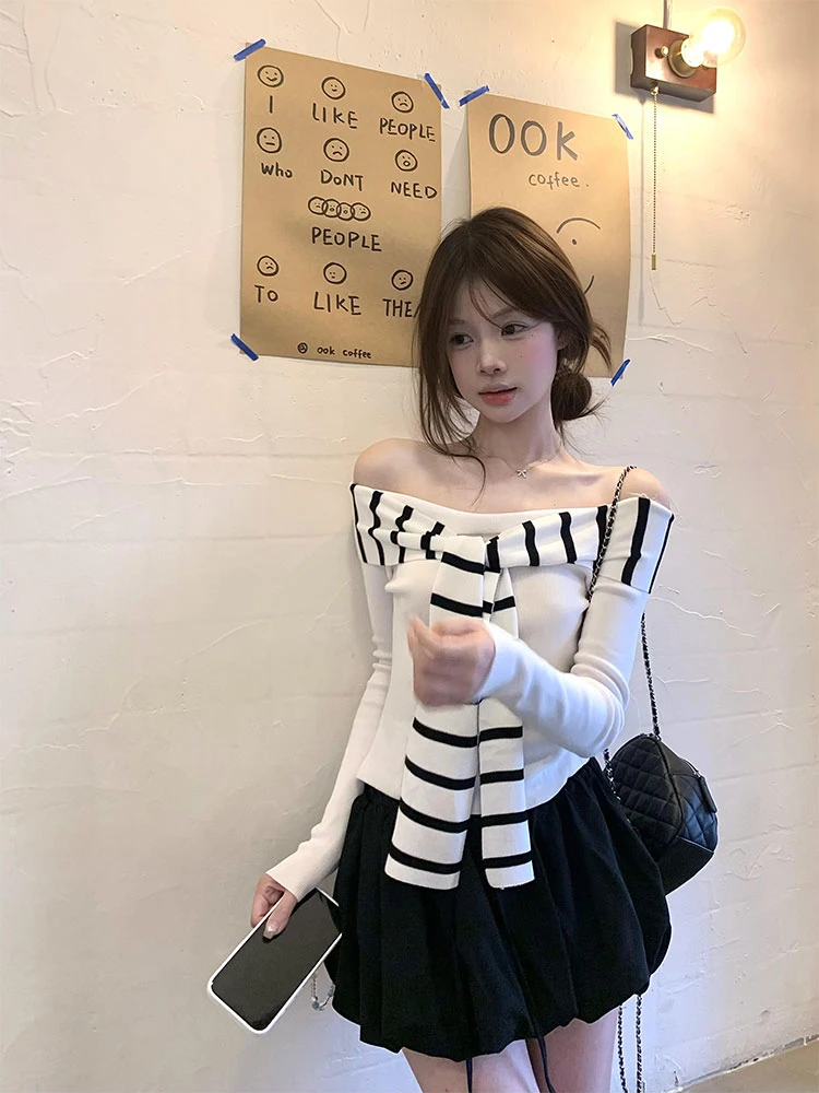 LAMEIXS 假两件撞色条纹拼接绑带针织衫女秋季辣妹风一字肩长袖女