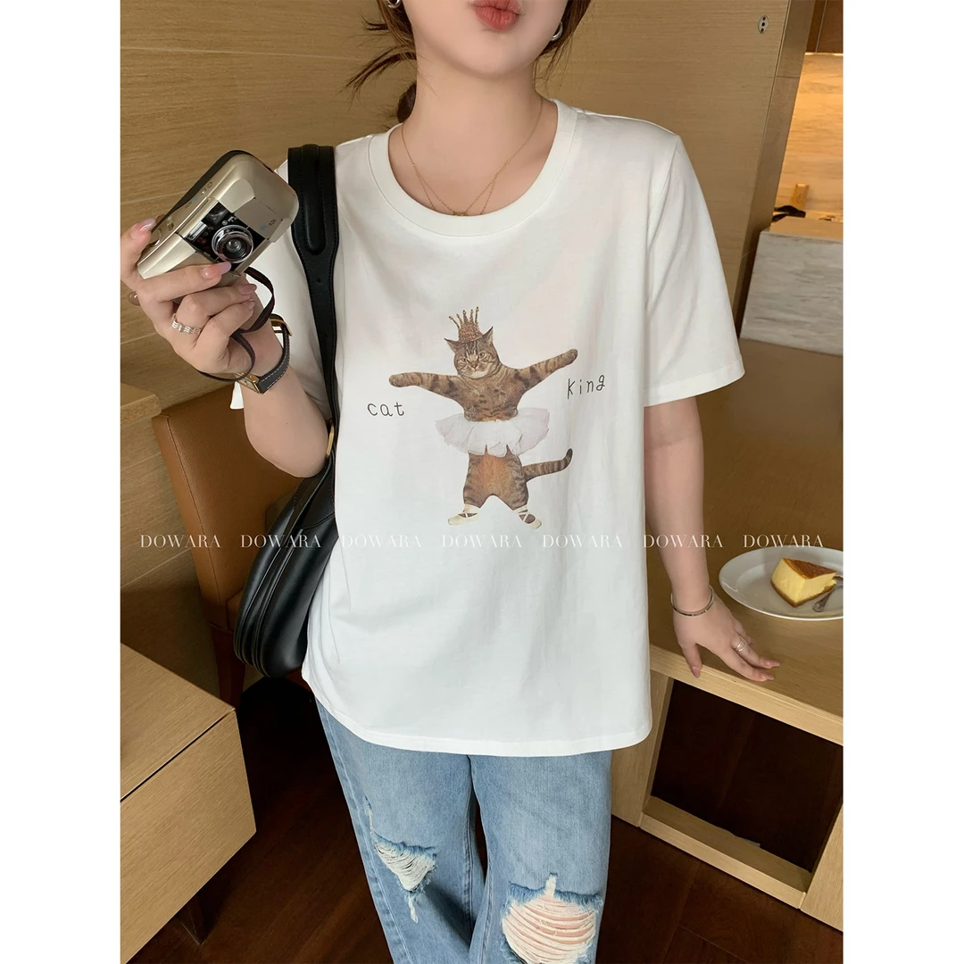 现货大婉酱微胖定制可爱猫咪趣味印花短袖女夏季百搭正肩T恤8192D