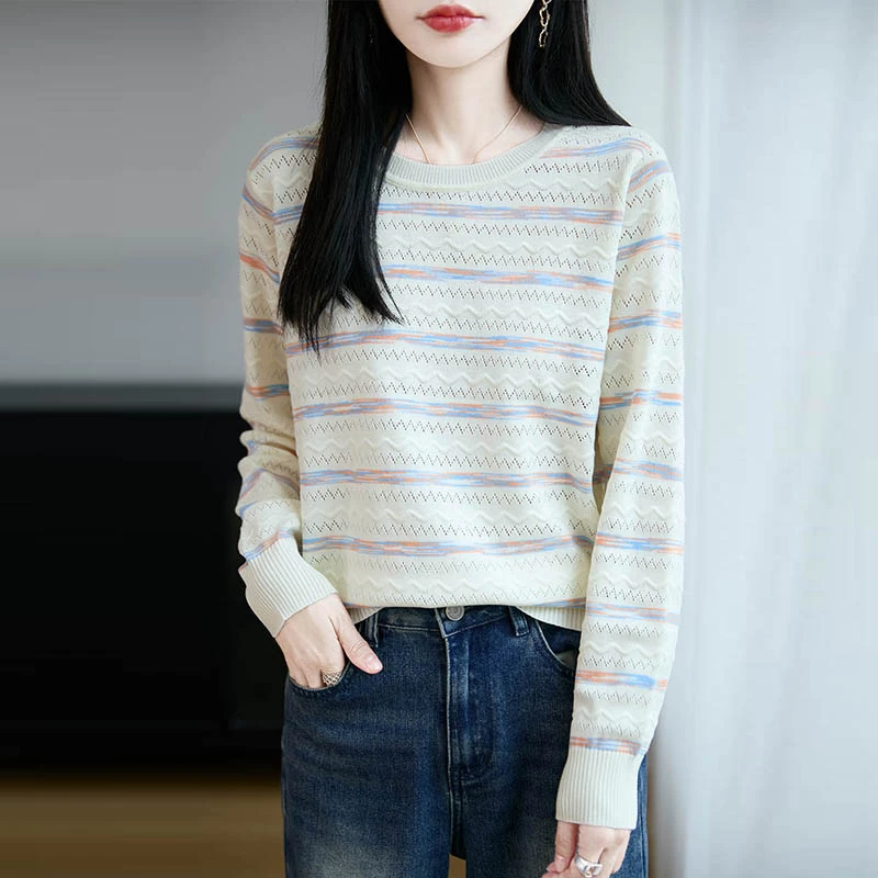 哥弟阿玛施正品长袖条纹女圆领羊毛针织衫女宽松时尚简约套头毛衣