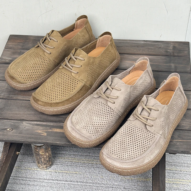 夏季镂空皮鞋男2025新款复古风头层牛皮打孔透气软底系带休闲皮鞋