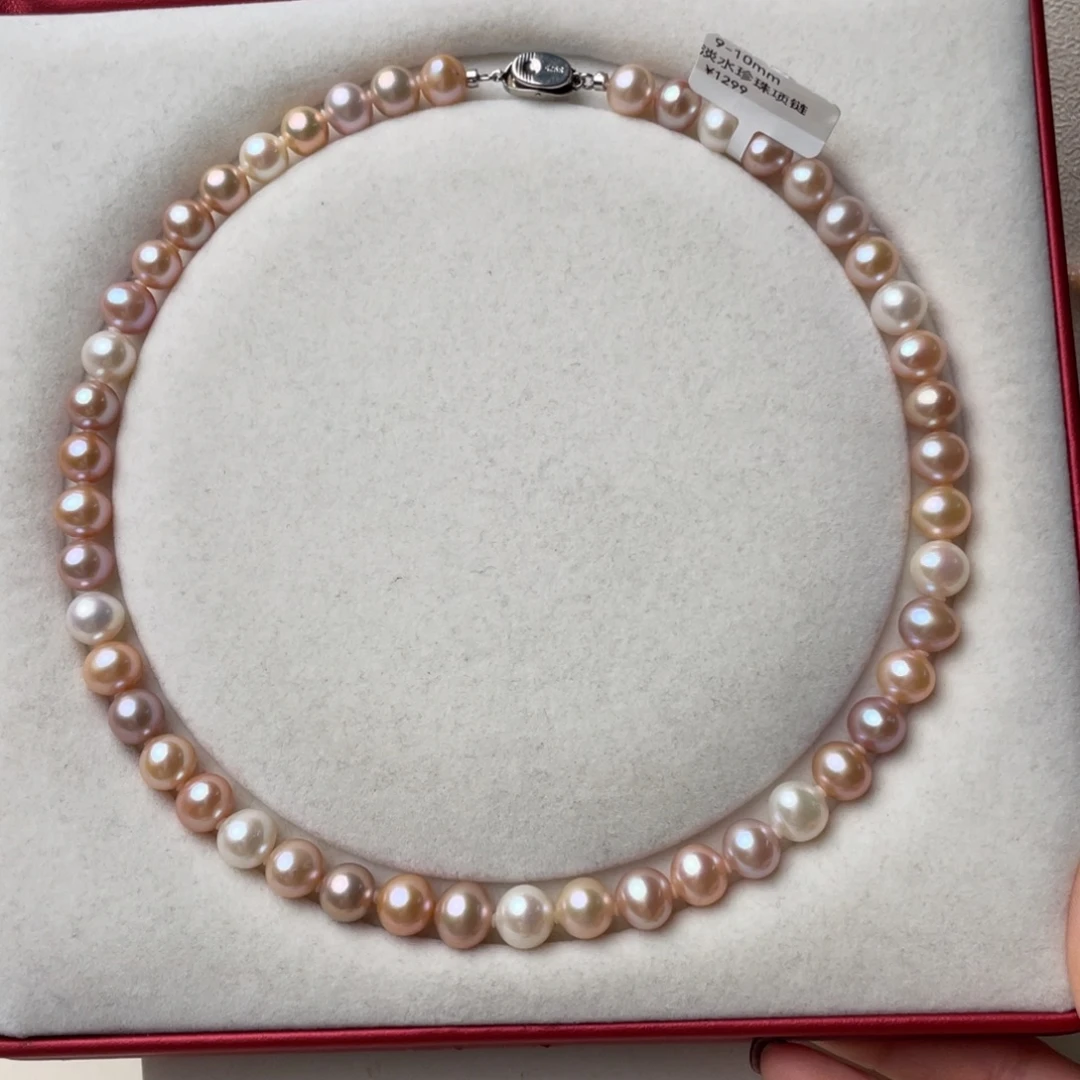 颈饰淡水珍珠银S925镶嵌9-10mm近圆极强光无暇糖果