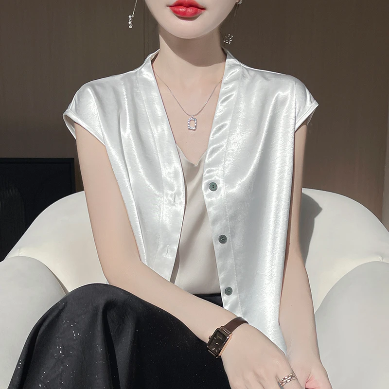 无袖新款V领法式垂坠衬衫外穿气质百搭纯色宽松醋酸缎面外套女