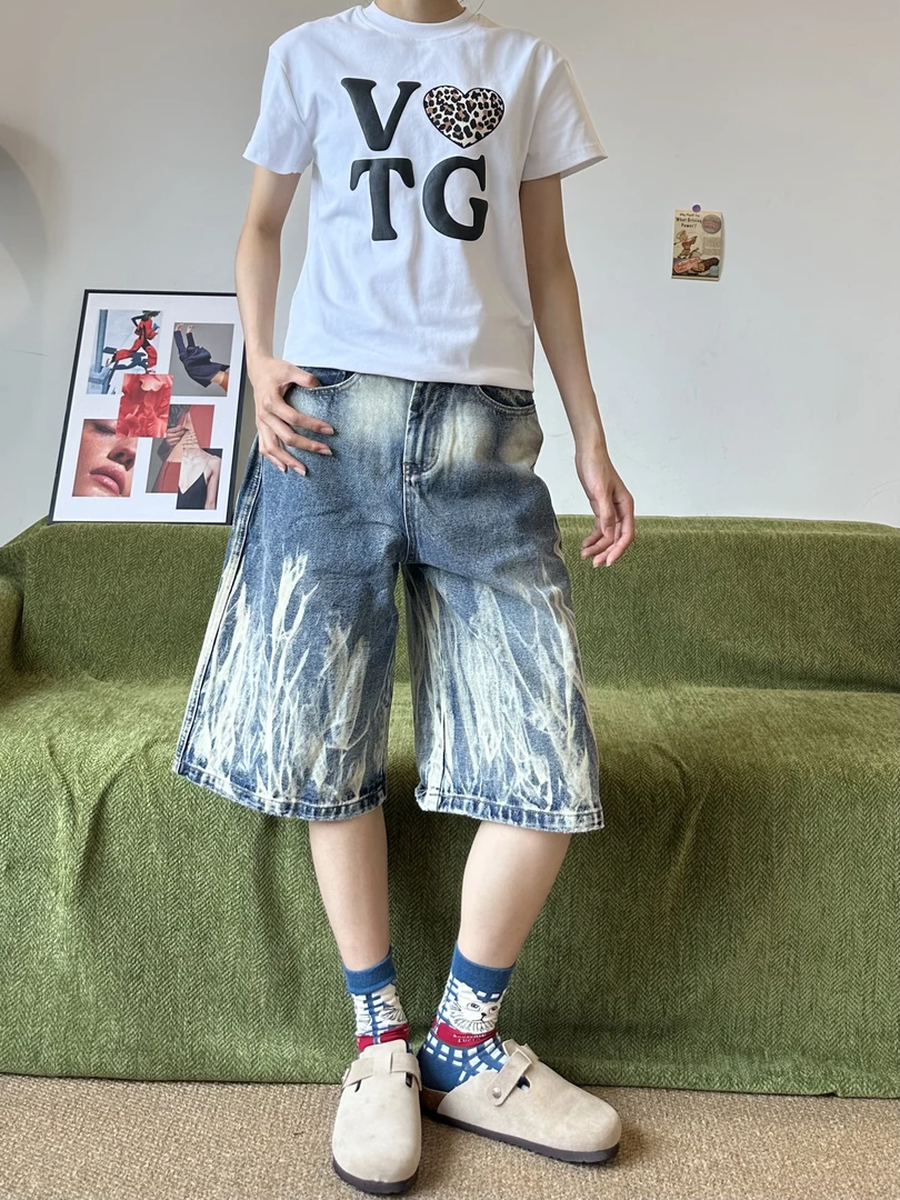 小土豆美式闪电纹扎花牛仔七分短裤女过膝休闲中裤阔腿短裤男潮流