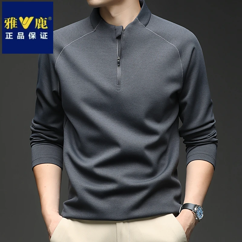 雅鹿春秋季新款男士半高拉链卫衣纯色亨利领休闲时尚打底长袖上衣