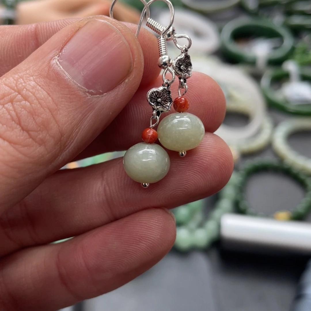 和田玉颈饰银S925镶嵌耳环