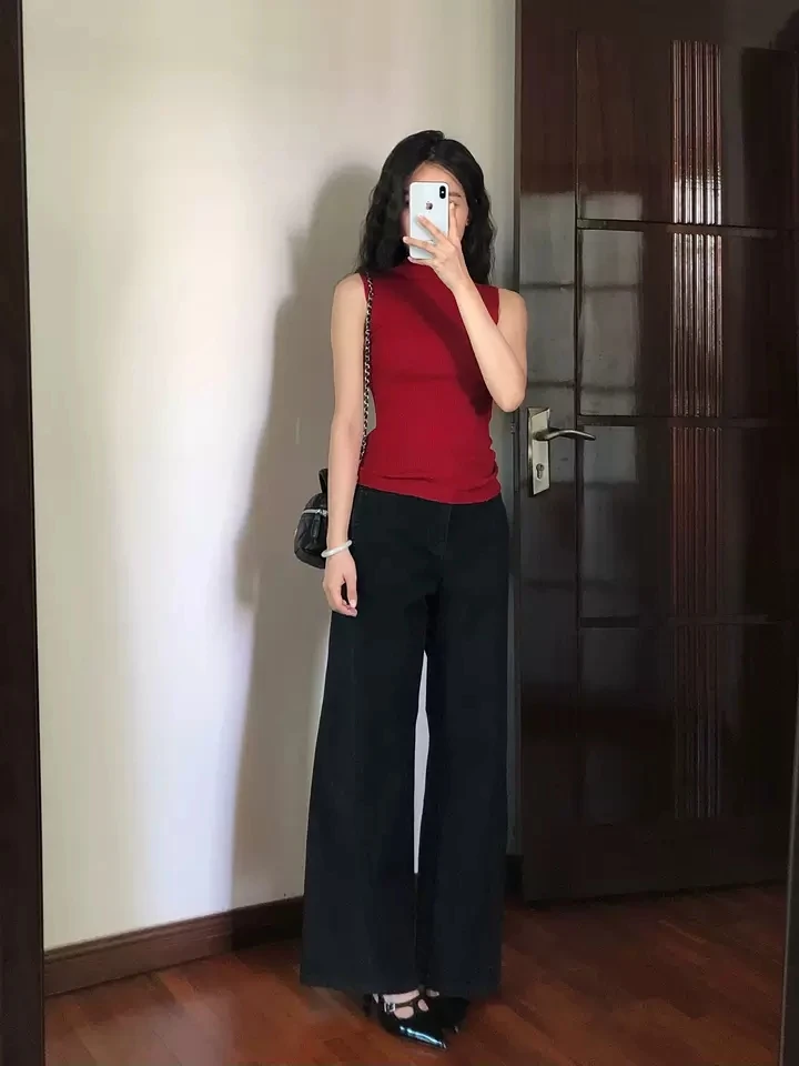 亲妈~25秋季新款复古挺缝线修腿显瘦黑色阔腿牛仔裤